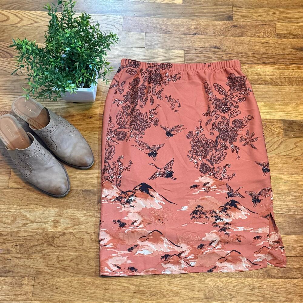 Pleione Women Medium Terracotta Crane Bird Floral Lined Straight Midi Skirt Cute